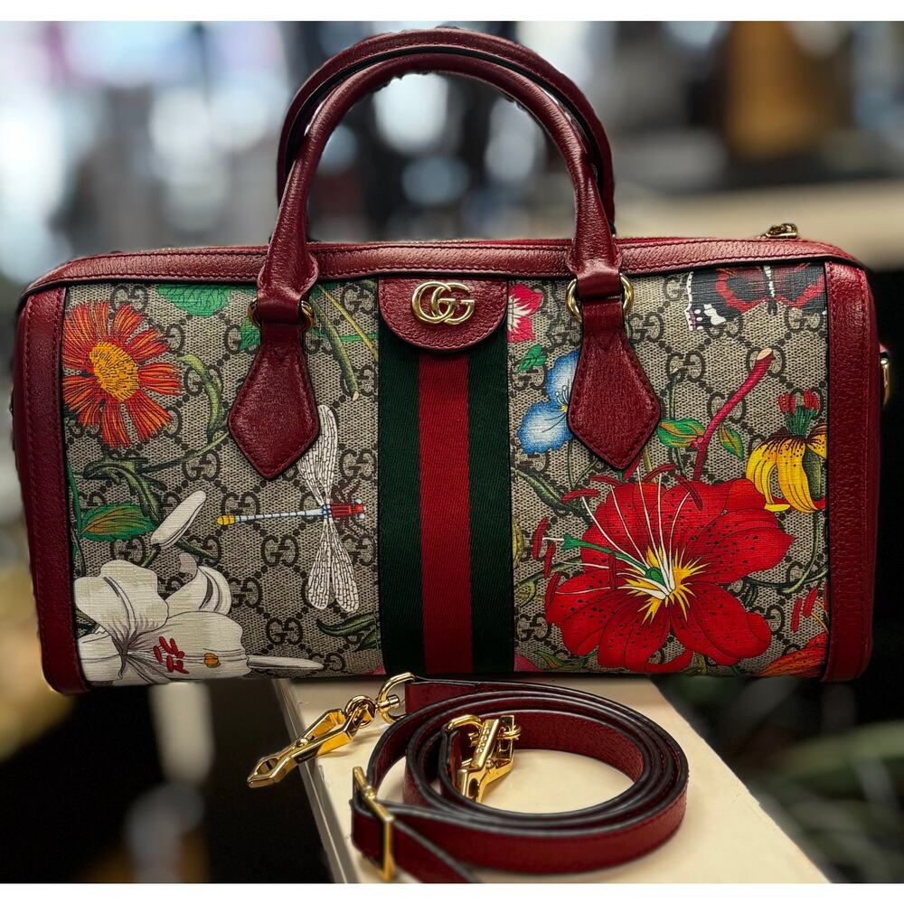 GUCCI Red Floral Monogram Supreme Ophidia GG Flora Medium Top Handle Boston Bag